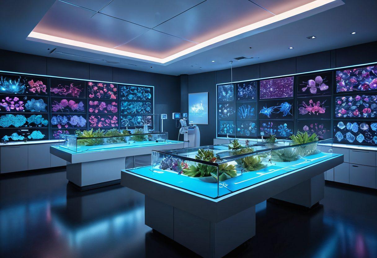 A futuristic oncology lab filled with advanced medical equipment and diverse researchers collaborating. Show bright holographic displays of molecular structures and cancer-cell targets, symbolizing breakthroughs in therapy. Incorporate imagery of natural healing elements like plants or light to represent innovation and hope. Layer in vibrant colors for a dynamic and engaging look. 3D. vibrant colors. super-realistic.