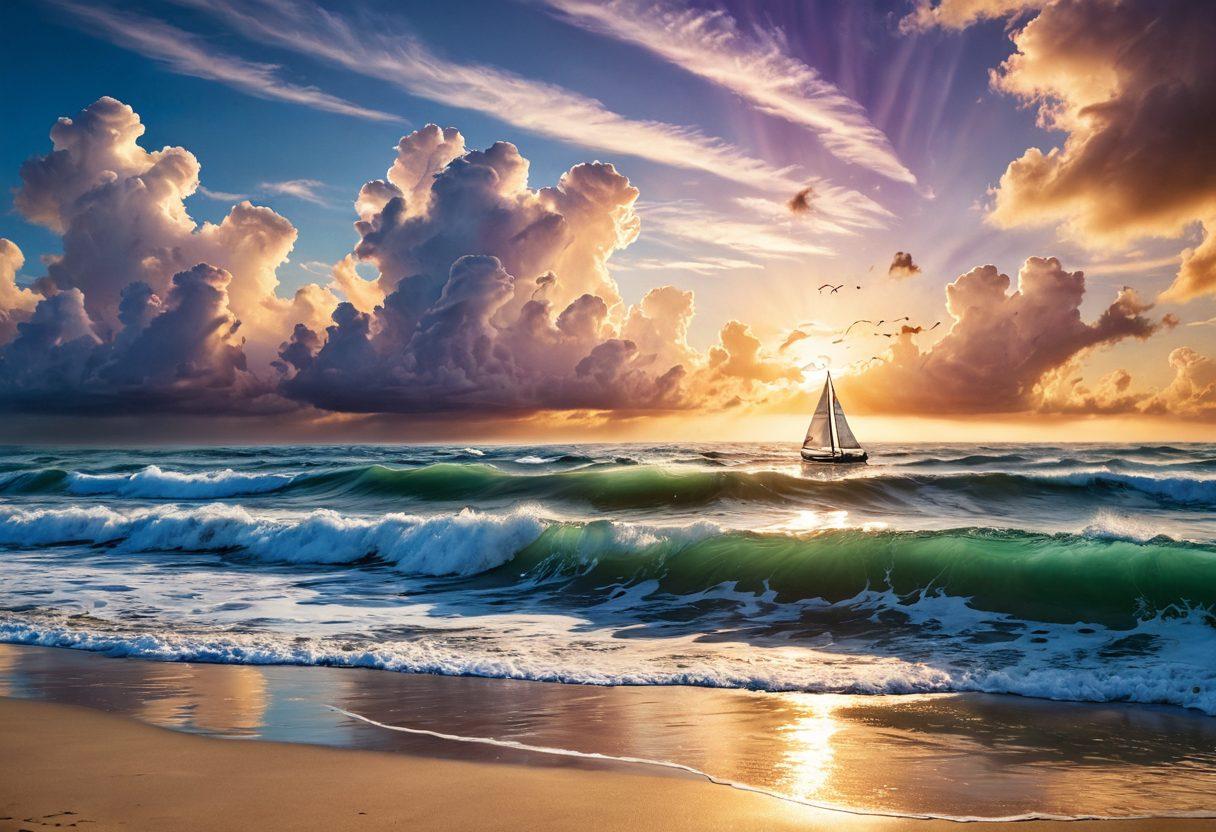 A serene yet powerful ocean scene, where tumultuous waves symbolize the challenges of cancer, with fragmented fragments of light breaking through clouds above representing hope. Include silhouettes of diverse individuals courageously sailing their small boats, intersection of supportive hands reaching out. The background features soft colors fading into brighter hues, suggesting healing and empowerment. surreal art. vibrant colors. dynamic composition.